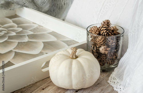 Cozy farmhouse style autumn decor objects 