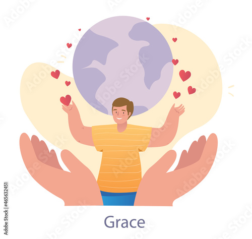 Kindness and love for planet. Man stretches out his hands to Earth and sends hearts. Grace of flora and fauna. Values and principles of humanity. Cartoon flat vector illustration on white background