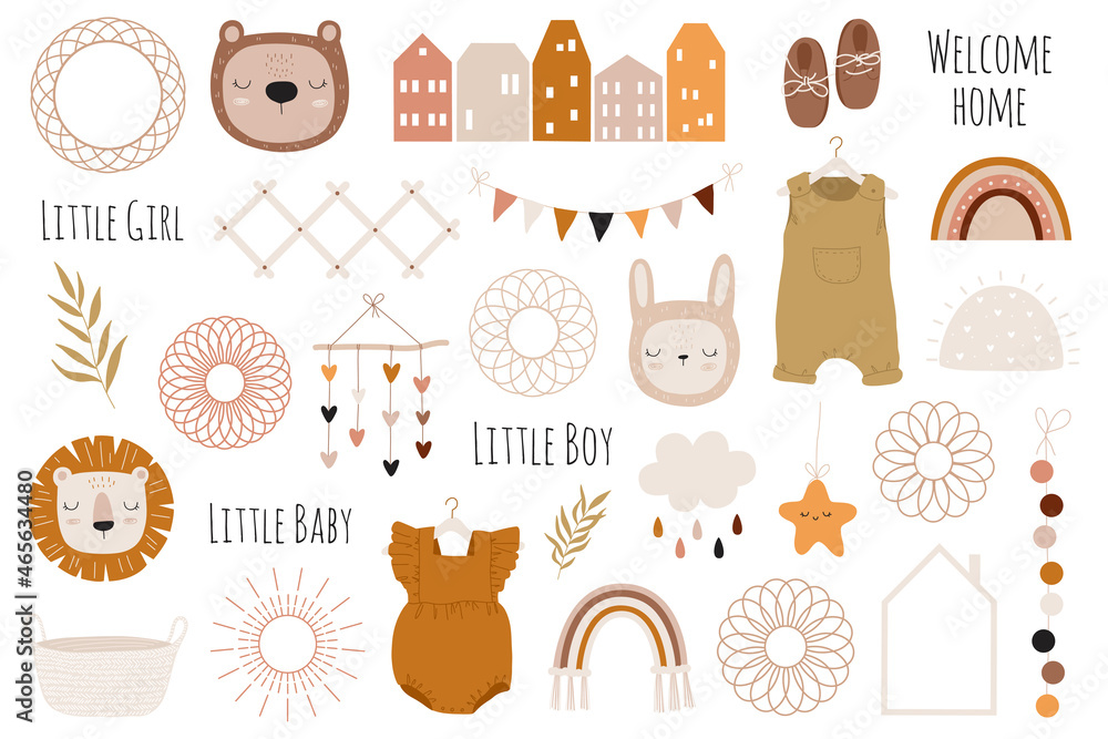Vector hand drawn baby shower collection with houses, clothes, animals ...