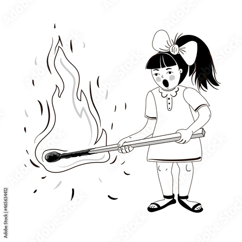 The girl is holding a big match in her hands, it is burning, sparks are flying. The drawing is drawn in black and white. Stock vector illustration isolated on a white background.