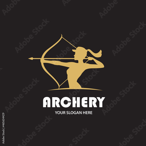 emblem of archering girl with bow and arrow isolated on black background