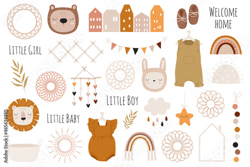 Vector hand drawn baby shower collection with houses, clothes, animals, decor elements for nursery, rainbow. Doodle illustration. Perfect for children's party, clothing prints, greeting cards © Alexandra