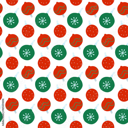 New Year tree toys, balls seamless pattern. Christmas baubles repeat print on white. Winter decoration ornament.
