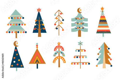 Big set of hand drawn christmas trees with toys in Scandinavian style. Xmas isolated cozy decor elements. Template for print, wishing,design,leaflets, posters, business cards, web.Vector illustration.