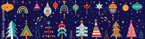 Christmas horizontal banner with hand drawn christmas trees under snow and christmas balls in Scandinavian style. Xmas cozy decor elements. Template for invitation,design,print.Vector illustration.