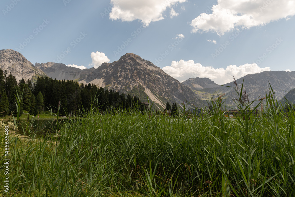 Arosa, Switzerland, August 15, 2021 Green field at the bay at the lake