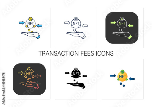 Transaction fees icons set. Customers electronic payment commissions. Taxication. Fixed fee charged for transaction.Collection of icons in linear, filled, color styles.Isolated vector illustrations