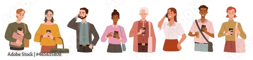 People using mobile phone. Set of characters with smartphones. Modern technology, addiction to gadgets. Internet communication, chatting. Cartoon flat vector illustrations isolated on white background