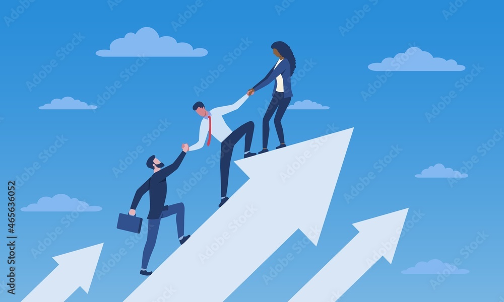 Team growth concept. Boss helps subordinates grow. Employees get better together, development of company. Friendly department, workflow. Teamwork, progress, up. Cartoon flat vector illustration Team growth concept. Boss helps subordinates grow. Employees get better together, development of company. Friendly department, workflow. Teamwork, progress, up. Cartoon flat vector illustration