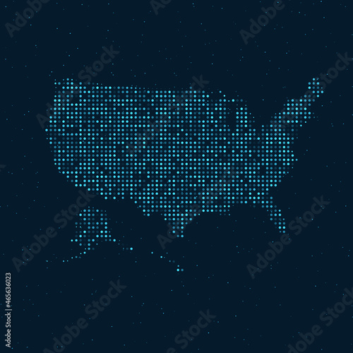 Abstract Dotted Halftone with starry effect in dark Blue background with map of United States of America. USA Digital dotted technology design sphere and structure. vector illustration