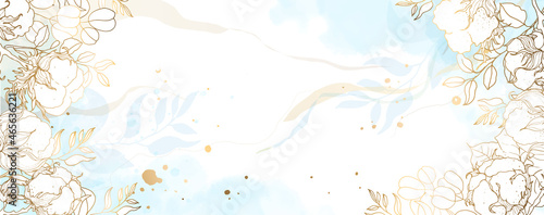 Luxurious golden wallpaper. Banner with a white background blue and beautiful spots and splashes of watercolors. Golden leaves and branches, wall art with a shiny light texture. Vector illustration.