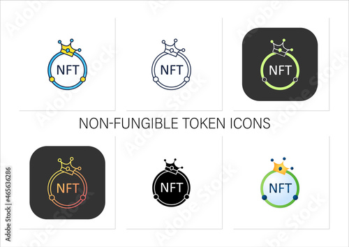NFT icons set. Non fungible token. Unique digital assets. Assets exist in their own cryptosystems. Collection of icons in linear, filled, color styles.Isolated vector illustrations