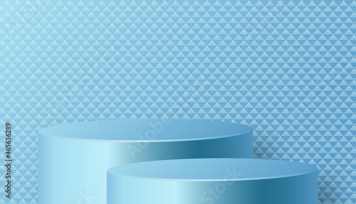 Round podium stage with nice and creative symbols  blue and gold paper cut style on color background for cosmetics brand design and advertising  
