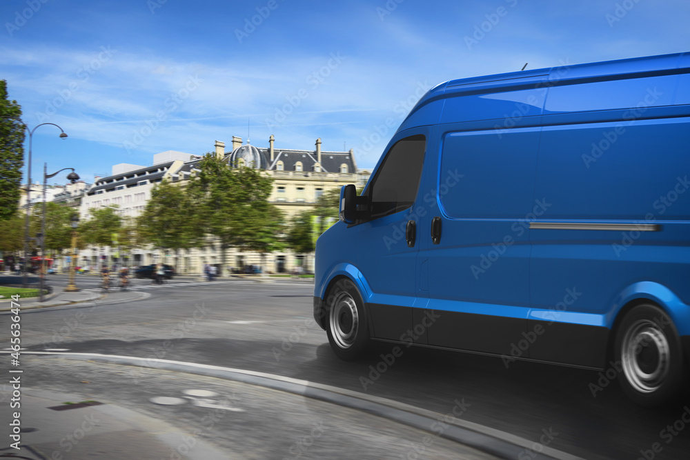 Transportation service with a blue van moving fast on the road
