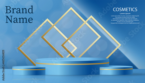 Round podium stage with nice and creative symbols  blue and gold paper cut style on color background for cosmetics brand design and advertising  