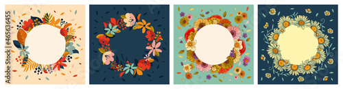 Set of beautiful floral copy space vector backgrounds. Four square templates with flower wreaths for social media post, banner, poster, greeting card