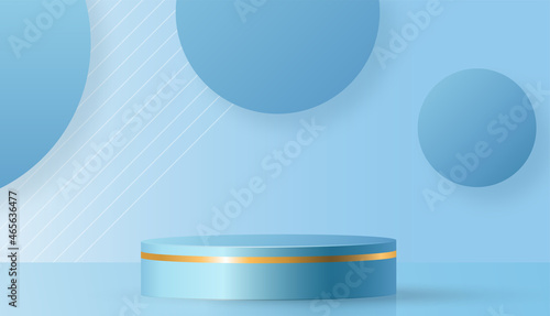 Round podium stage with nice and creative symbols  blue and gold paper cut style on color background for cosmetics brand design and advertising  