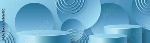 Round podium stage with nice and creative symbols  blue and gold paper cut style on color background for cosmetics brand design and advertising  