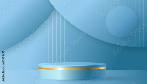 Round podium stage with nice and creative symbols  blue and gold paper cut style on color background for cosmetics brand design and advertising  