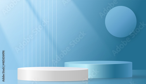 Round podium stage with nice and creative symbols  blue and gold paper cut style on color background for cosmetics brand design and advertising  