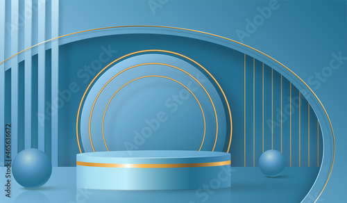 Round podium stage with nice and creative symbols  blue and gold paper cut style on color background for cosmetics brand design and advertising  