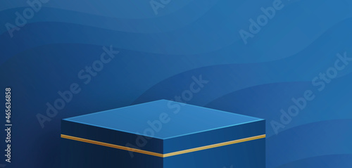 Round podium stage with nice and creative symbols  blue and gold paper cut style on color background for cosmetics brand design and advertising  