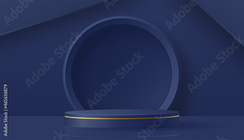 Round podium stage with nice and creative symbols  blue and gold paper cut style on color background for cosmetics brand design and advertising  