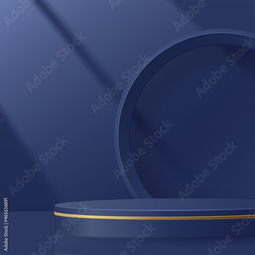 Round podium stage with nice and creative symbols  blue and gold paper cut style on color background for cosmetics brand design and advertising  