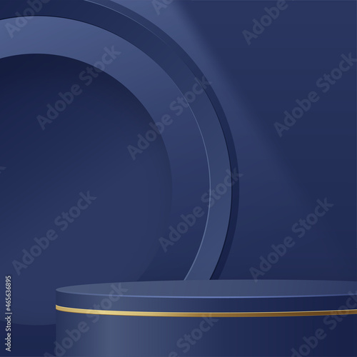 Round podium stage with nice and creative symbols  blue and gold paper cut style on color background for cosmetics brand design and advertising  