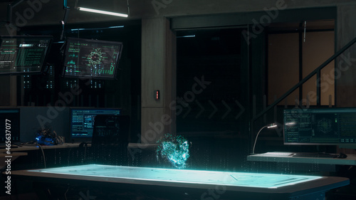 Futuristic High Tech Research Facility with Holographic Desk and Transparent Screens. Artificial Intelligence Concept.