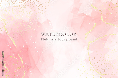 Pastel rose pink liquid watercolor background with golden cracks. Blush marble alcohol ink drawing effect. Vector illustration design template for wedding invitation, menu, rsvp