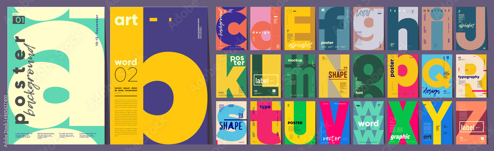 Plakat Mega collection of posters. Poster layout design. Letters. Alphabet. Template poster, banner, magazine mockup.
