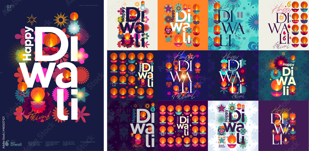 Happy Diwali. Deepavali or Dipavali. Indian festival of lights. Big set of vector illustrations and lettering. Holiday background for branding, card, banner, cover, flyer or poster.