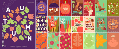 Autumn. Mega set. Simple flat vector illustrations. Background patterns hello autumn, autumn sale, seasons. Perfect background for banner, poster, flyer, cover.