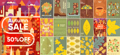 Autumn. Mega set. Simple flat vector illustrations. Background patterns hello autumn  autumn sale  seasons. Perfect background for banner  poster  flyer  cover.