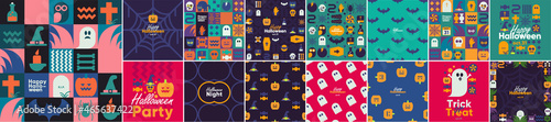 Happy Halloween. Mega set. October 31. A set of simple vector illustrations. Minimalist, geometric, background. Pattern Collection. Perfect for poster, media banner, cover or postcard.