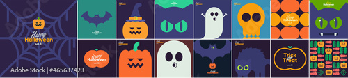 Happy Halloween. Mega set. October 31. A set of simple vector illustrations. Minimalist, geometric, background. Pattern Collection. Perfect for poster, media banner, cover or postcard.