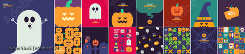 Happy Halloween. Mega set. October 31. A set of simple vector illustrations. Minimalist, geometric, background. Pattern Collection. Perfect for poster, media banner, cover or postcard.