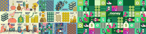 Money. A collection of banners. Cash is digital money,  business objects and icons with a stroke. Set of vector illustrations. Funny cartoon style.