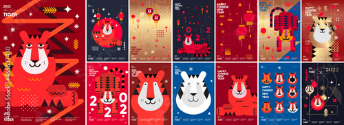 2022. Year of the tiger. Mega collection of posters. Happy Chinese new year. Big Set of vector illustrations. Holiday background for a poster, banner, postcard, cover.