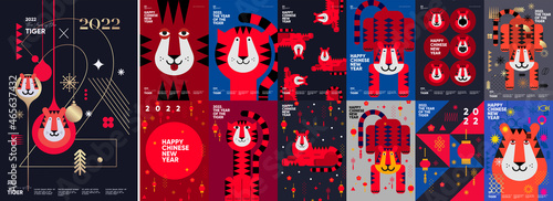 2022. Year of the tiger. Mega collection of posters. Happy Chinese new year. Big Set of vector illustrations. Holiday background for a poster, banner, postcard, cover.