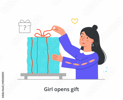 Woman unpacking gift. Character opens box, trying to guess what there. Surprise, birthday, christmas, new year. Perplexed person, reverie. Valentines Day, Womens Day. Cartoon flat vector illustration