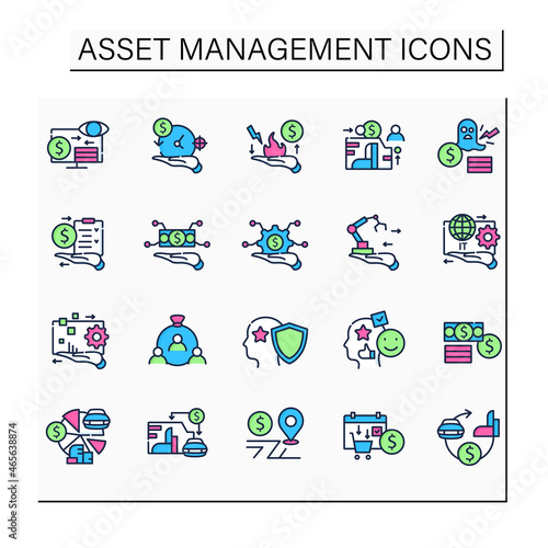 Asset management color icons set. Financial resources. Monitoring accounts. Identification, evaluation.Control.Business concept. Isolated vector illustrations