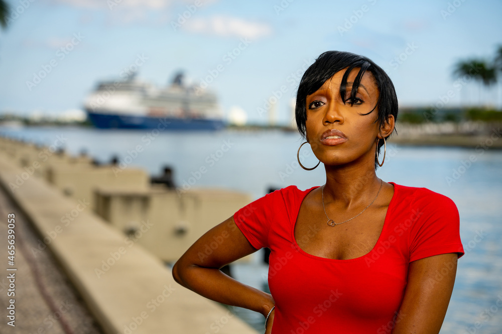 Woman posing for photo with cruise ship in background