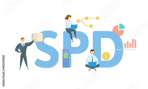 SPD, Summary Plan Description. Concept with keyword, people and icons. Flat vector illustration. Isolated on white.