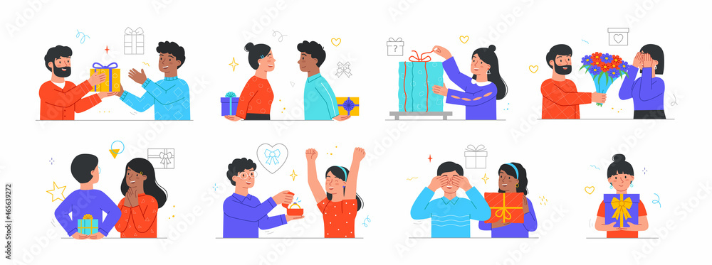 Giving and receiving gifts. Collection of images in which characters delight each other. Set of pictures from holidays, celebration. Cartoon flat vector illustrations isolated on white background Giving and receiving gifts. Collection of images in which characters delight each other. Set of pictures from holidays, celebration. Cartoon flat vector illustrations isolated on white background
