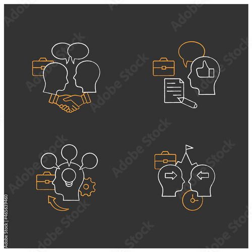 Conflict management chalk icons set. Conflict between two persons. Showing respect, feedback, accommodating, competing.Isolated vector illustrations on chalkboard