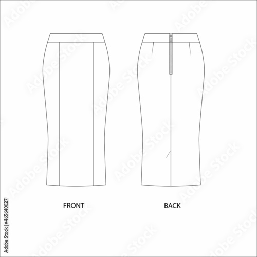 Vector illustration of long pencil skirt. Midi skirt technical sketch. Skirt design template. 