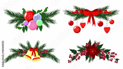 Christmas garlands. Red poinsettia, bells, balls and ribbons on fir branches