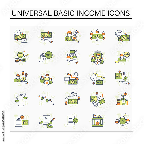 Universal basic income color icons set. Tax declaration, economic growth. Inequality and inflation. Global economy concept. Isolated vector illustrations